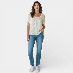 Elena Baldi Top Women Size Small White Floral Print Offshoulder Silk Blouse